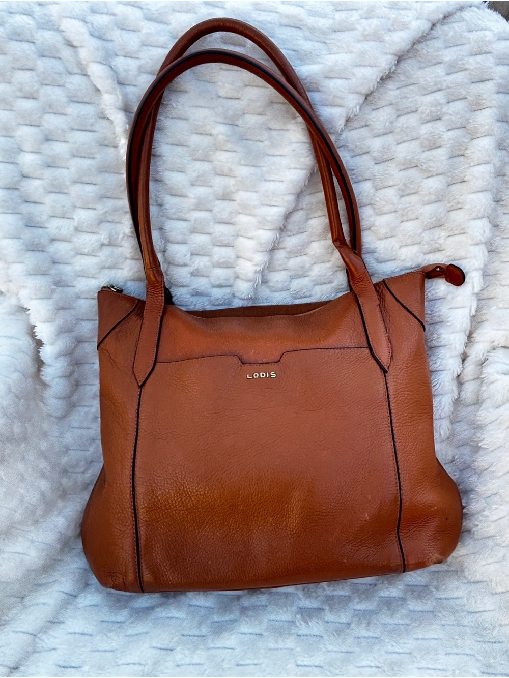 Lodis Cognac Pebbled Leather Travel Tote Luggage Sleeve